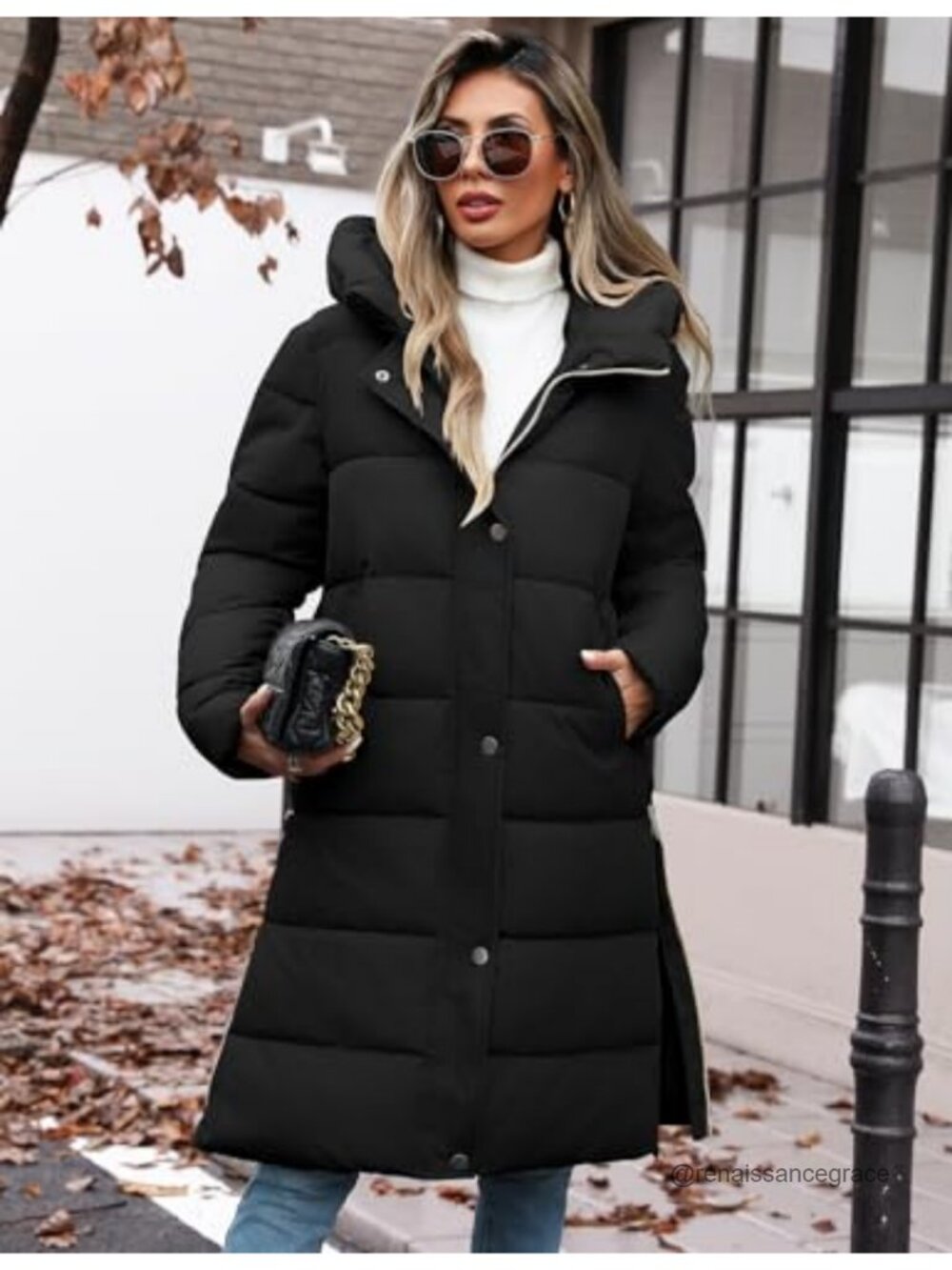 Long Puffer Coat Women Quilted Hooded Winter Jacket Loose Fit Mid-Length